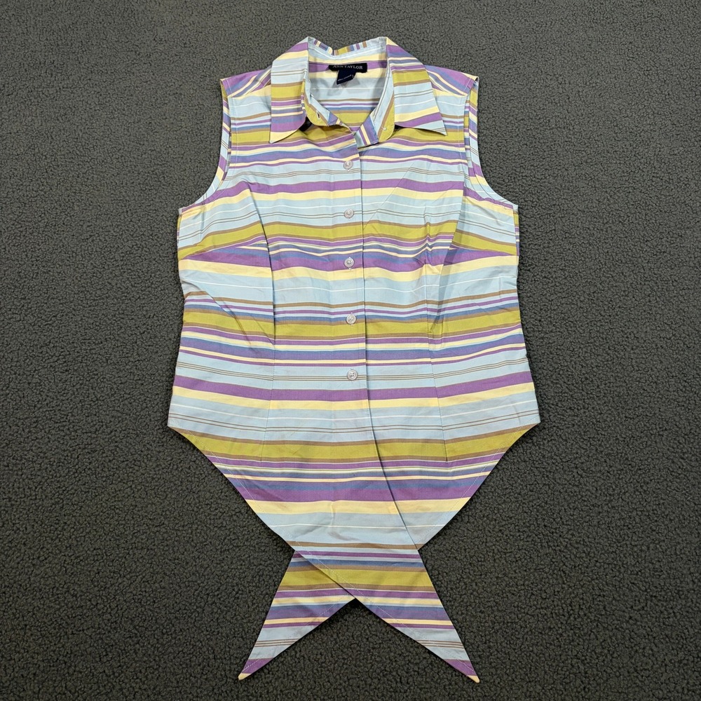 Ann Taylor Blouse Womens 6 Multi Color Striped Sleeveless Button Front Point Hem
